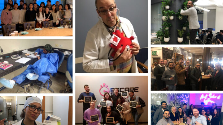Collage of diverse group photos, including a medical staff member in scrubs, people holding signs promoting inclusion, and a celebration in a restaurant setting.