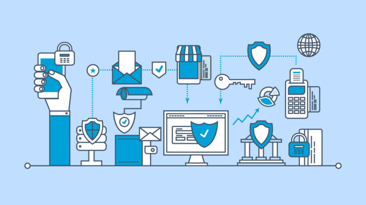 Illustration of digital security concept featuring icons of a lock, shield, computer, emails, and keys connected by dotted lines. This design balances data protection and cybersecurity while respecting HCP privacy and enabling personalized experiences.