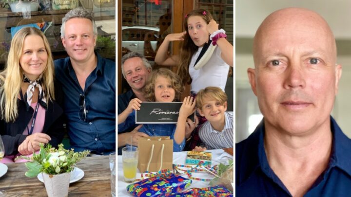 In the first part of their gathering, a group enjoys an outdoor meal, as seen in two images on the left with plates of food adorning the table. On the right, there’s a close-up of Peter Kirk in a blue shirt, savoring a moment amidst his inspiring cancer journey.