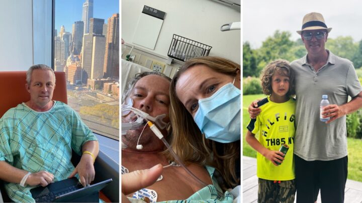 Three images depict Peter Kirk's cancer journey: first, he stands by a hospital window in his gown; next, he's in bed with a masked visitor by his side; finally, Peter is outside with a child, both joyfully holding bottles.