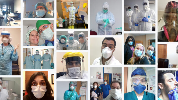 Collage of healthcare workers on the front lines, wearing various protective gear such as masks, gowns, and face shields, in different settings amidst the COVID-19 pandemic.