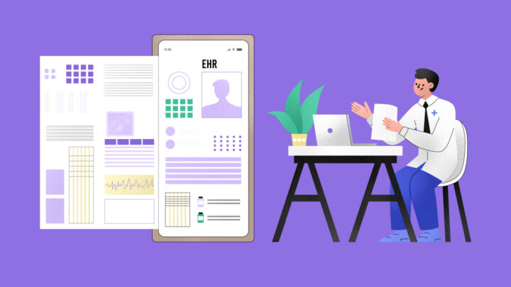 Illustration of a doctor at a desk with a laptop, viewing electronic health records on a smartphone. Nearby, various EHR data elements are displayed on a large screen, highlighting the meaningful use in healthcare for improved patient outcomes.