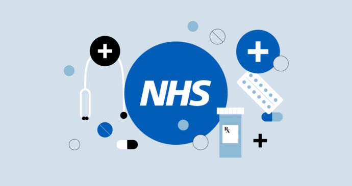 Illustration of the NHS logo, symbolizing the future of the NHS, surrounded by medical symbols such as a stethoscope, pills, and a prescription bottle on a light blue background.