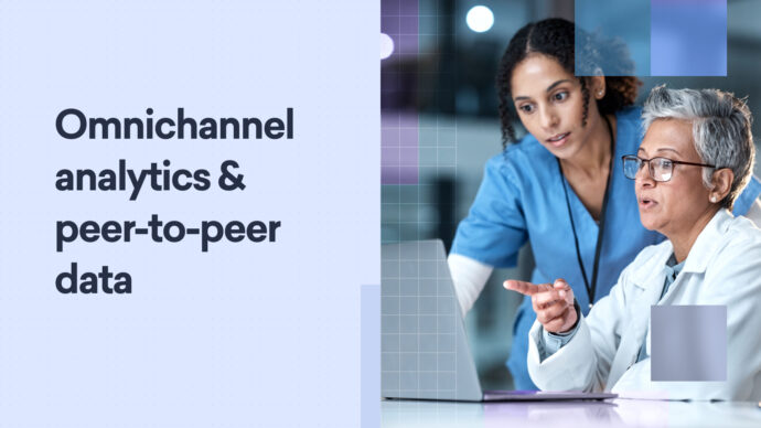 Two professionals discussing data on a laptop, with text reading "Omnichannel analytics & provider social data" on the left side of the image.