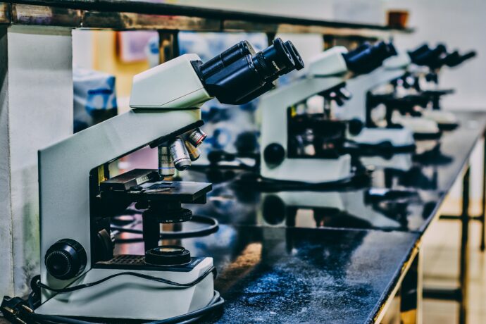 A row of microscopes lined up on a reflective laboratory table, essential tools in the fast-tracked development of the Covid vaccine.