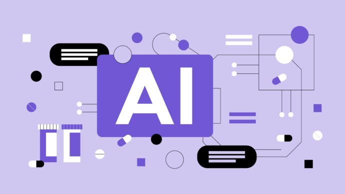 Abstract illustration with "AI" in large text at the center, surrounded by geometric shapes and lines on a light purple background, subtly hinting at AI in healthcare.