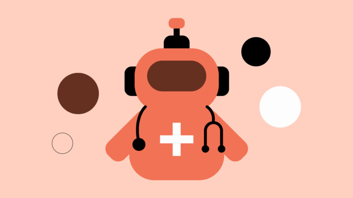 Robot estilizado con estetoscopio y cruz médica en el pecho, rodeado de cinco círculos de colores sobre fondo melocotón claro.