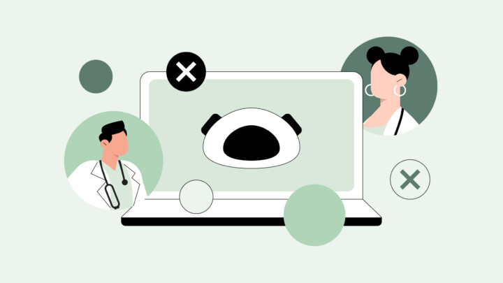 Ilustración de un ordenador portátil que muestra una mascarilla médica, con dos médicos ai e iconos tachados a su alrededor, que simbolizan las restricciones o limitaciones de la atención sanitaria en línea.
