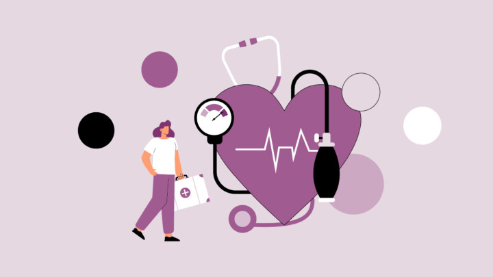 Illustration of a person with a medical bag standing next to a large heart, heartbeat line, stethoscope, and blood pressure monitor—perfect for exploring cardiologist alternative careers—against a background of circles.