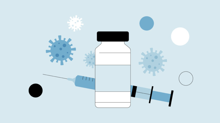 Ilustración de un vial de vacuna y una jeringuilla con formas de virus estilizadas en el fondo sobre un fondo azul claro, destacando el panorama en evolución de la accesibilidad a la vacuna COVID-19.