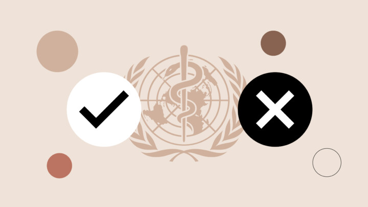Gráfico con el emblema de la Organización Mundial de la Salud de fondo, con una marca de verificación en un círculo blanco y una X en un círculo negro, rodeados de puntos de colores.