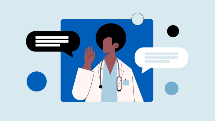 Ilustración de un médico con bata de laboratorio y estetoscopio, levantando una mano, rodeado de bocadillos y formas abstractas.