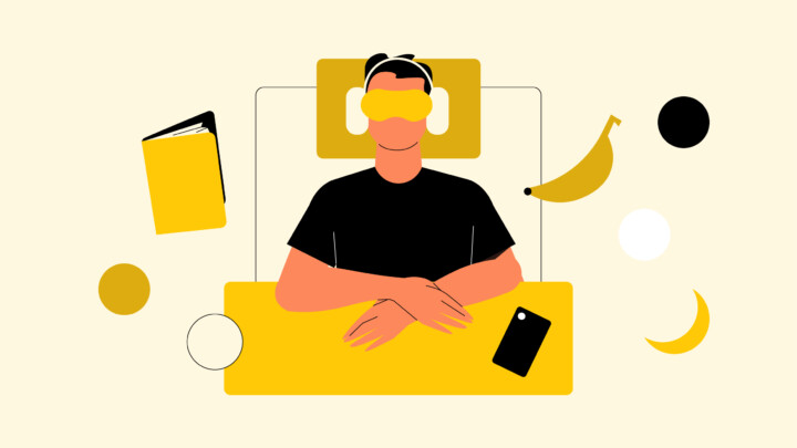 Ilustración de una persona tumbada en la cama con un antifaz y auriculares, rodeada de un cuaderno, un plátano, un smartphone y formas abstractas.