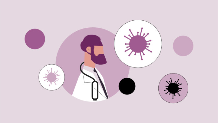 Illustration of an infectious disease physician with a stethoscope surrounded by virus icons, representing medical care and infectious disease careers.