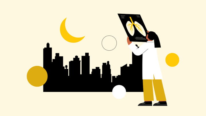 Illustration of a person in a lab coat examining a lung X-ray, with a city skyline, crescent moon, and abstract circles in the background—hinting at oncologist moonlighting and diverse clinical income strategies.