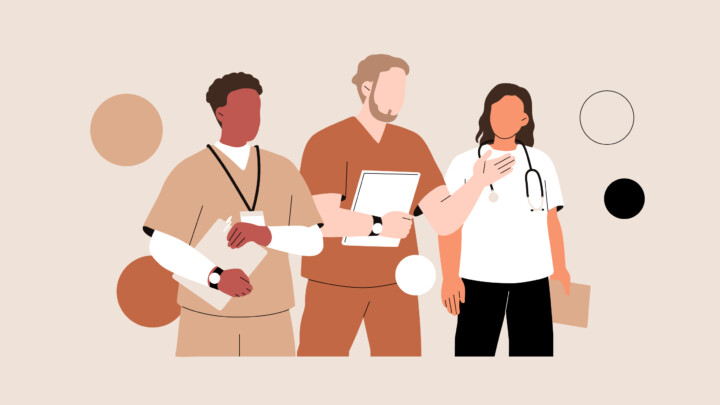 Illustration of three healthcare professionals standing together, holding clipboards and folders, against a neutral background with abstract circles—ideal for exploring physician assistant alternative careers.