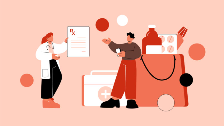 An illustration of a doctor handing a prescription to a person, with medical supplies and medication visible in the background—ideal for articles discussing pharmacist alternative careers.