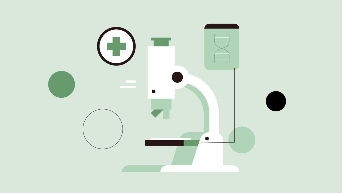 Ilustración de un microscopio blanco con detalles en verde y negro, una cruz médica y un icono de ADN sobre fondo verde claro.