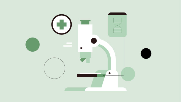 Ilustración de un microscopio blanco con detalles en verde y negro, una cruz médica y un icono de ADN sobre fondo verde claro.