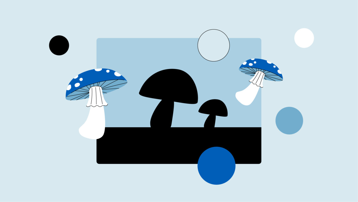 Ilustración abstracta con siluetas negras de setas en un rectángulo, con setas y círculos azules y blancos sobre un fondo azul claro: un guiño imaginativo al creciente interés por la terapia con psilocibina.