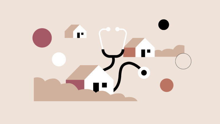 Ilustración minimalista de casas conectadas por un estetoscopio, rodeadas de círculos y formas abstractas sobre fondo beige, que simboliza la asistencia sanitaria en zonas residenciales.