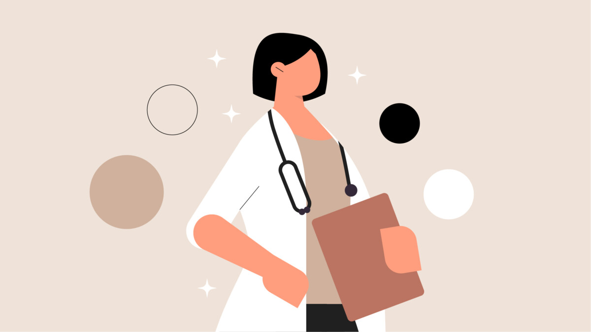 Ilustración de un médico ejecutivo con bata blanca de laboratorio y estetoscopio, sosteniendo un portapapeles, con formas circulares abstractas de fondo.