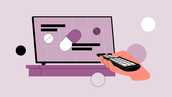 Illustration of a hand holding a remote control in front of a TV screen displaying a large pill, medicine ads, and text blocks, with abstract circles in the background.