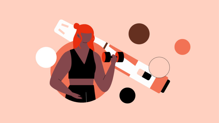Ilustración de una persona levantando una mancuerna, con un gran bolígrafo inyector y varios círculos de colores de fondo, que pone de relieve la preocupación por la pérdida de masa muscular del ozempic.