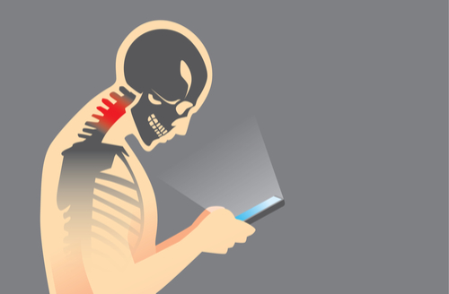 Silhouette of a person with a skeletal view, bending forward and looking at a cell phone. Red marks highlight neck strain.