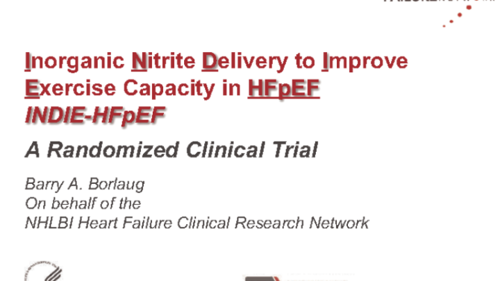 Title slide of a clinical trial presentation on inorganic nitrite delivery to enhance exercise capacity in HFpEF, featured at ACC by Barry A. Borlaug as part of the Heart Failure Clinical Research Network.