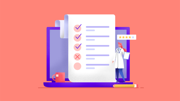 Illustration of a physician standing near a laptop displaying an oncologist's survey checklist with checkmarks and one cross. A coffee mug and pencil are visible in the foreground.
