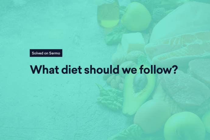 Text on a teal background reads: "Solved on Sermo. What diet should we follow?" with vibrant healthy foods surrounding the message.