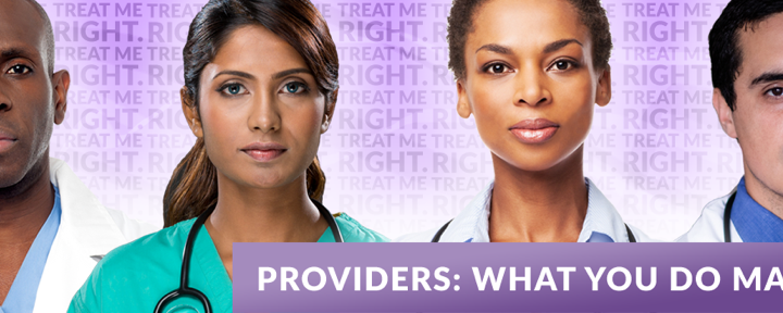 Four healthcare professionals in medical attire stand against a light purple background, with the text "Providers: What You Do Matters." Their commitment to STD awareness highlights the crucial role they play in promoting safe practices and educating communities.