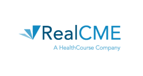 Logo of RealCME, a HealthCourse company, with a stylized blue design and text that embodies our commitment to quality guaranteed.