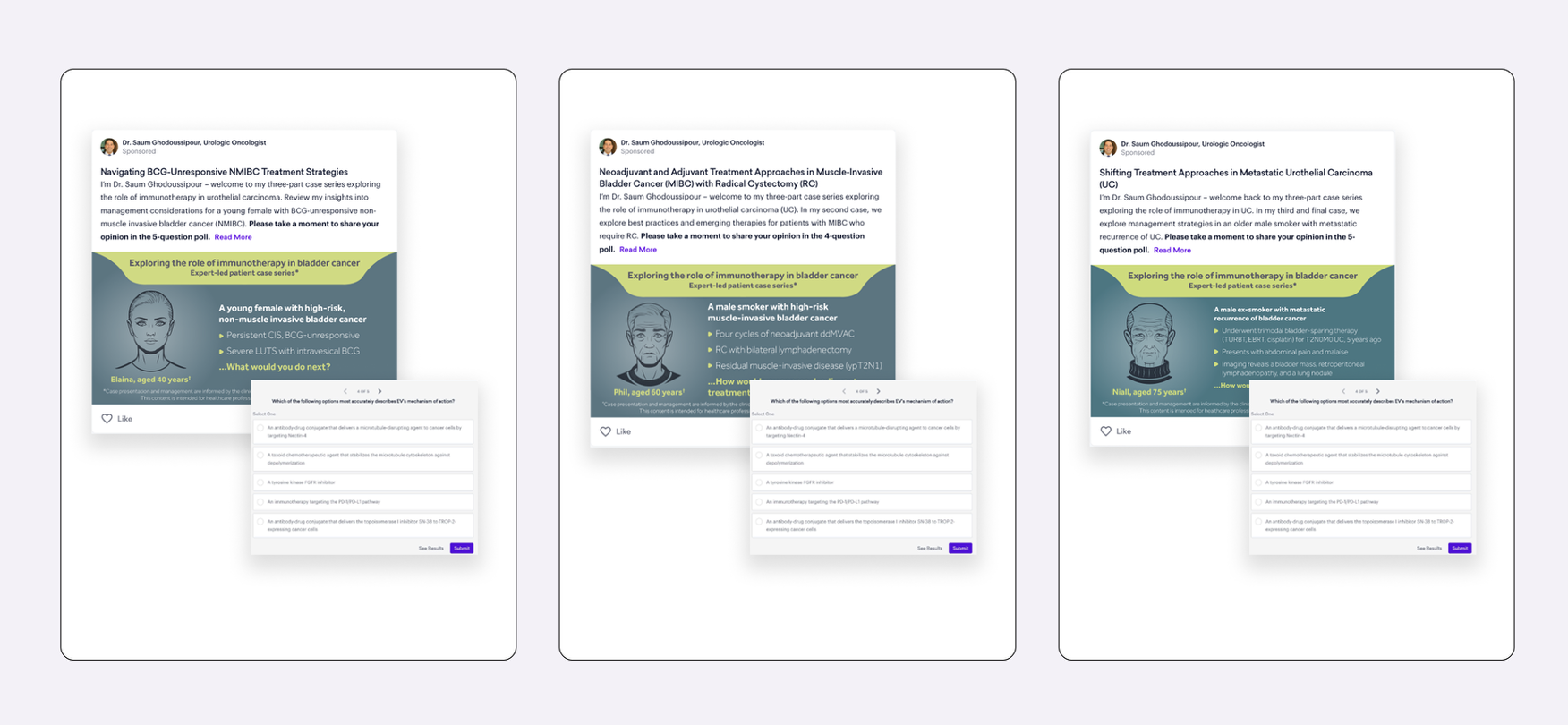 Three social media posts about bladder cancer treatment options are displayed side by side, each with a headline, illustration of a person, and comment section underneath, highlighting physician engagement in patient care discussions.
