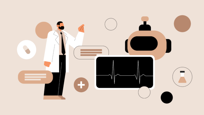 Illustration of a doctor with a heartbeat monitor, pill icon, and various medical symbols on a beige background.