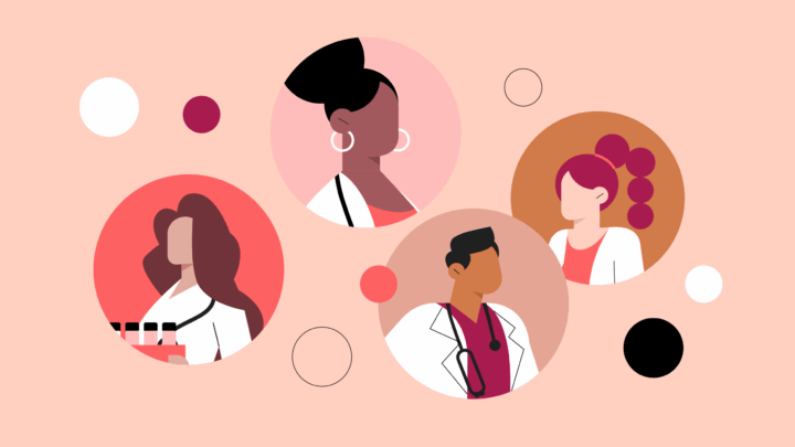 Ilustración de cuatro profesionales sanitarios diversos con bata blanca y estetoscopio, representados en marcos circulares sobre un fondo color melocotón, que representan algunas de las mejores especialidades médicas.