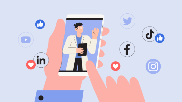 Ilustración de unas manos sosteniendo un smartphone que muestra a una persona con bata de laboratorio. Iconos de redes sociales como Facebook, Twitter e Instagram flotan en la pantalla.