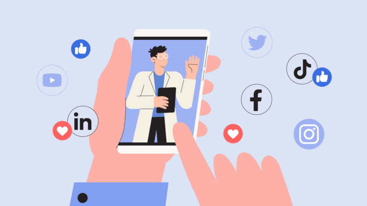 Ilustración de unas manos sosteniendo un smartphone que muestra a una persona con bata de laboratorio. Iconos de redes sociales como Facebook, Twitter e Instagram flotan en la pantalla.