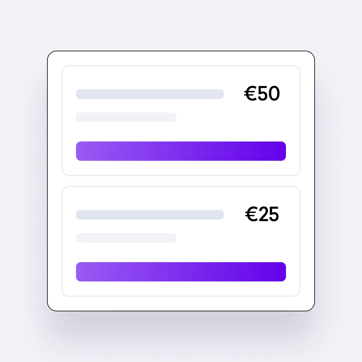 Una interfaz digital que muestra dos tarjetas rectangulares, cada una con líneas de texto grises, una barra de progreso morada y precios de 50 y 25 euros en el lado derecho.