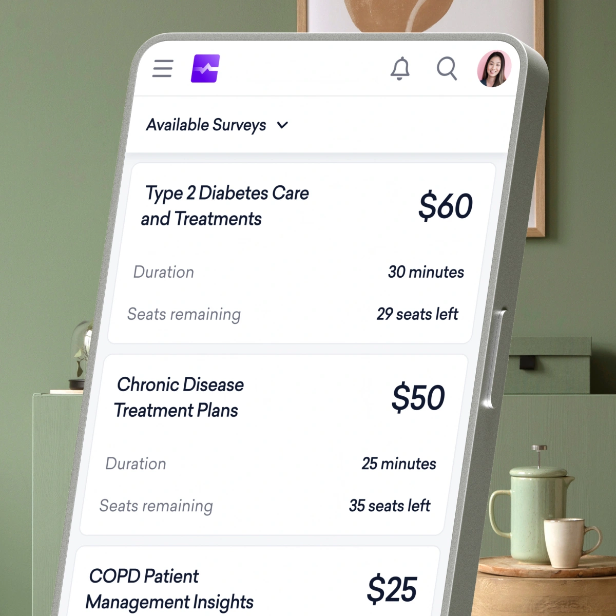 A smartphone screen displays a survey app listing paid surveys, including topics on diabetes care, chronic disease, and COPD, with durations, payments, and seats remaining shown.